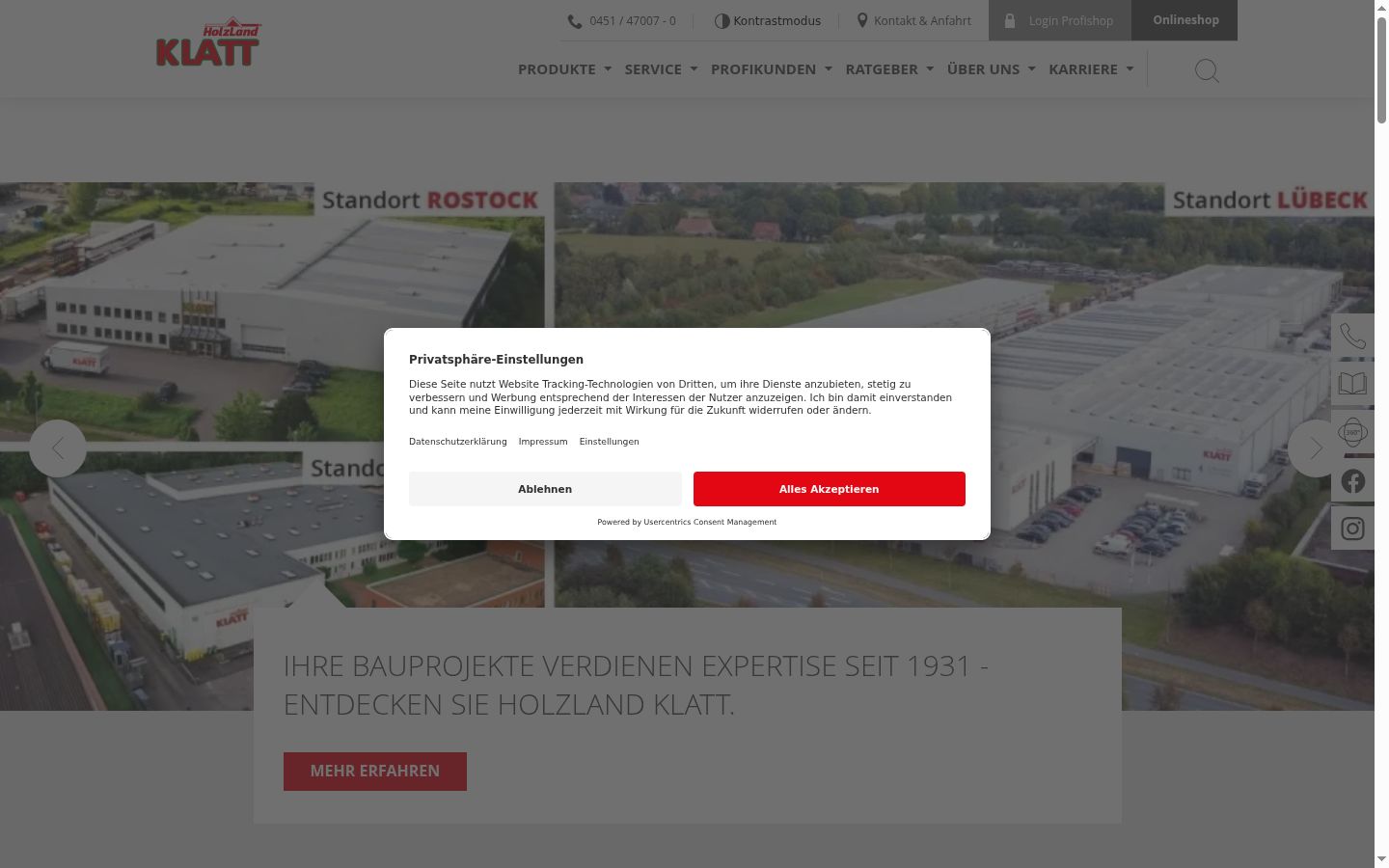 Screenshot des Einwilligungsbanners vor jeglicher Interaktion