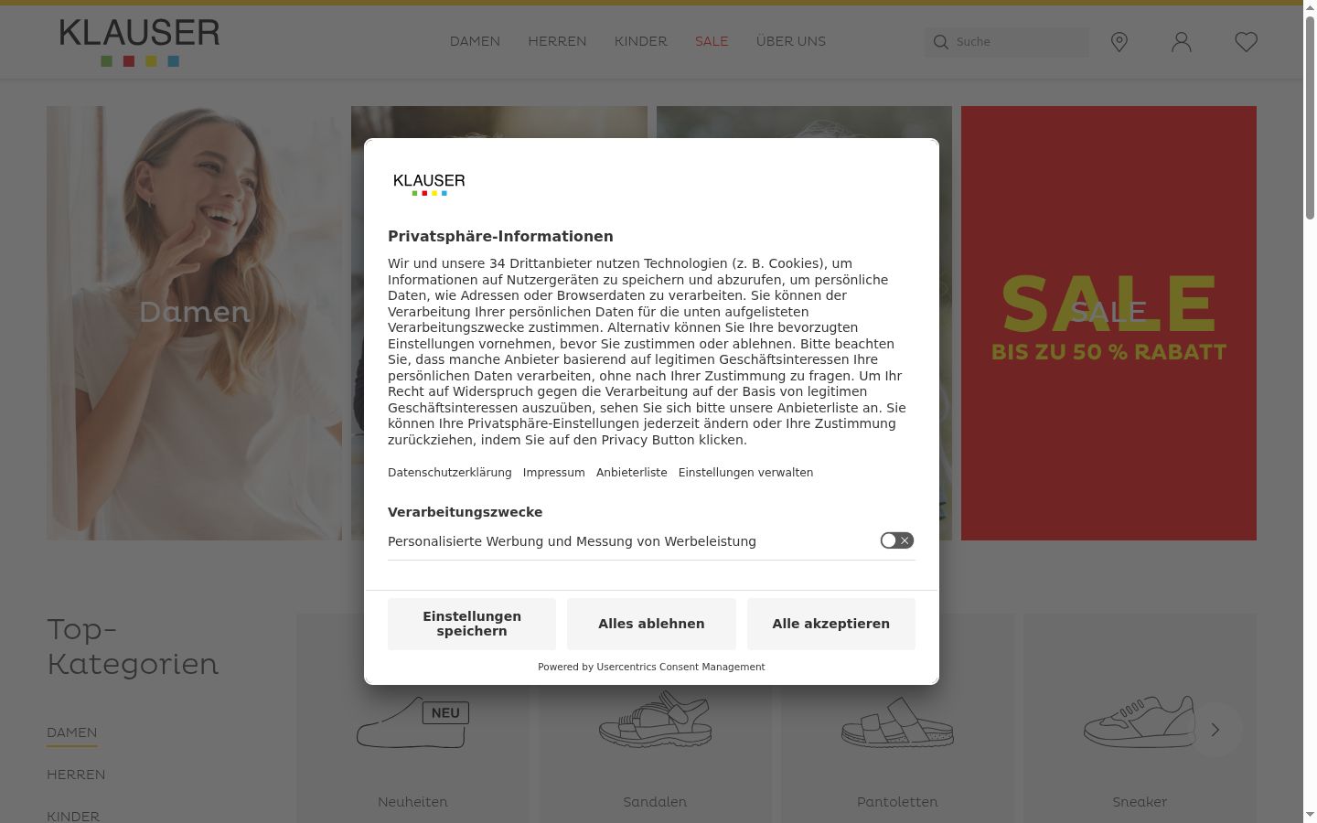 Screenshot des Einwilligungsbanners vor jeglicher Interaktion