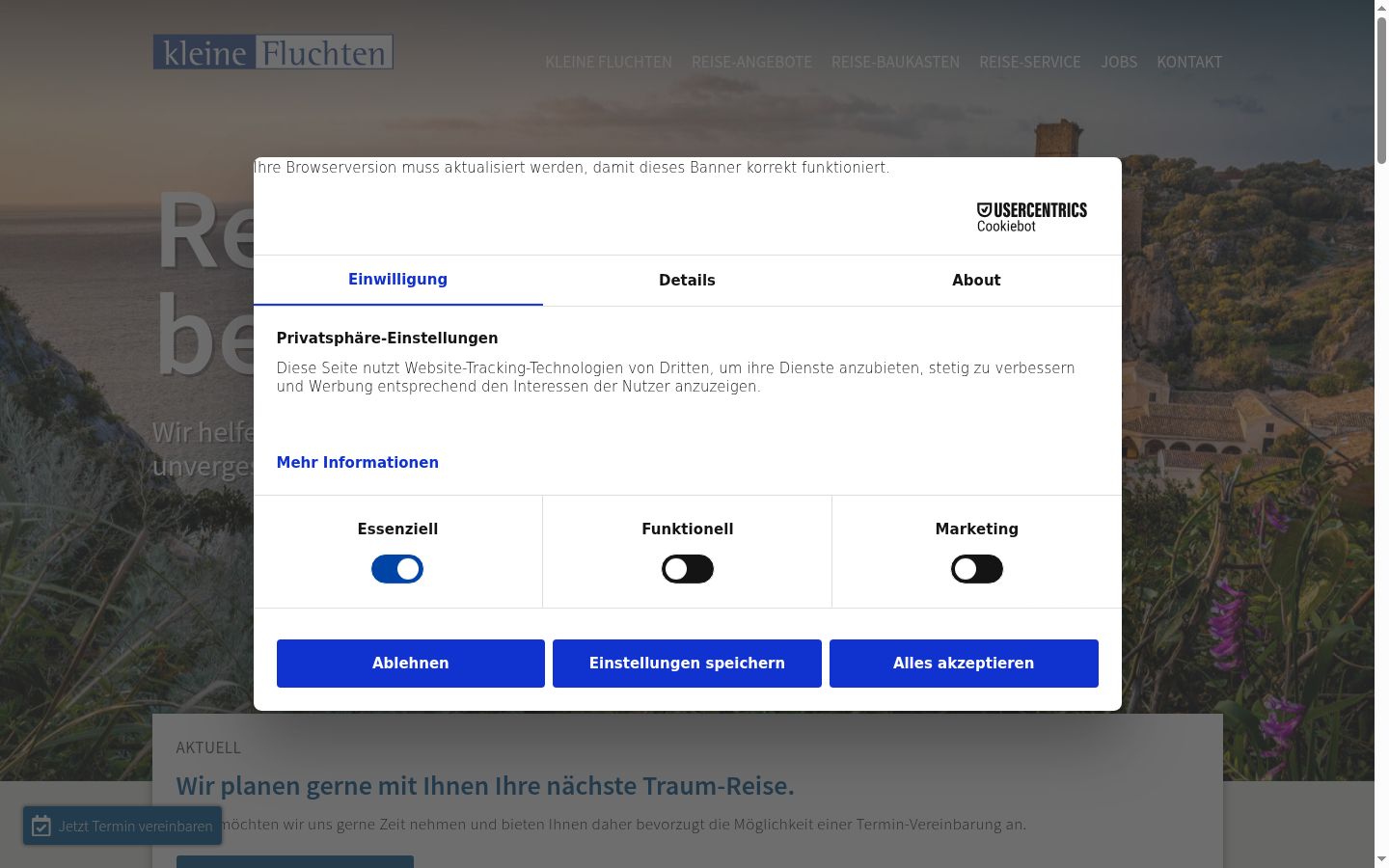 Screenshot des Einwilligungsbanners vor jeglicher Interaktion