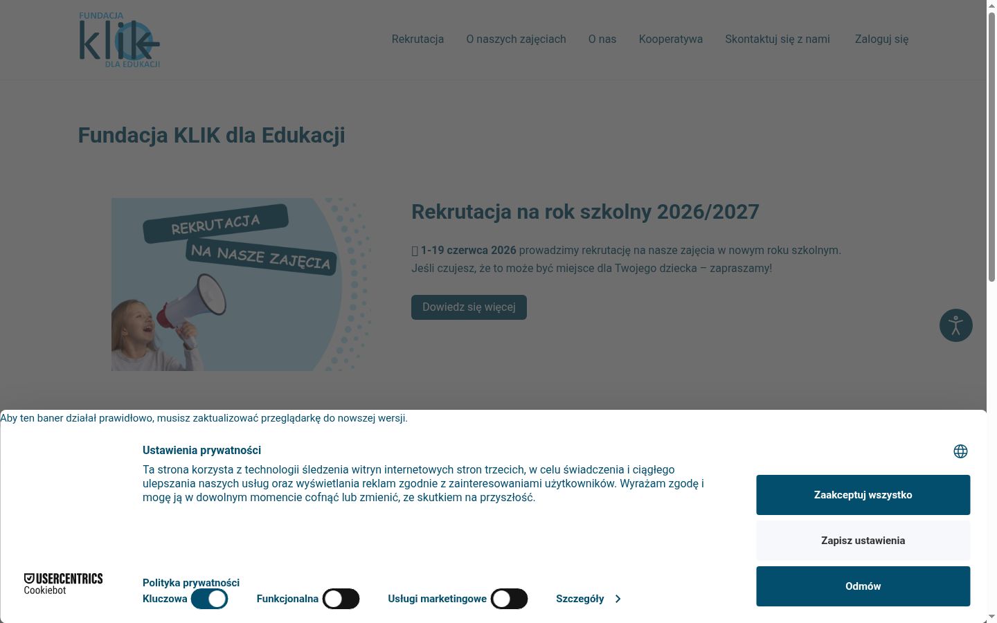 Ekrānuzņēmums ar piekrišanas baneri, kas tika rādīts pirms jebkādas mijiedarbības