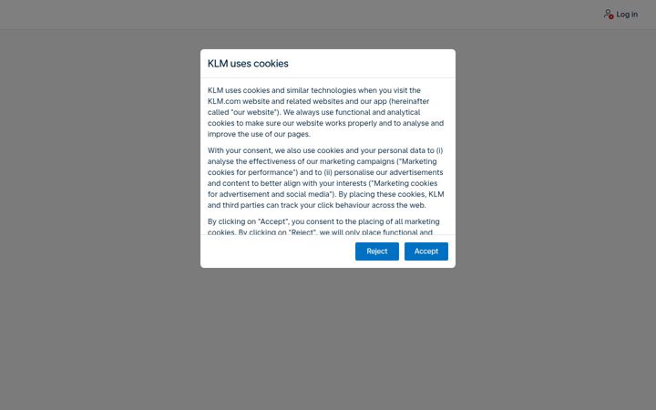 Captură de ecran a klm.co.uk