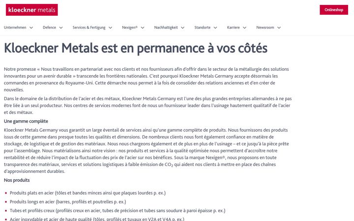 Screenshot of kloecknermetals.fr