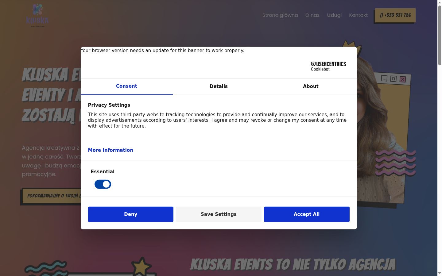 Zrzut ekranu banera zgody wyświetlanego przed jakąkolwiek interakcją