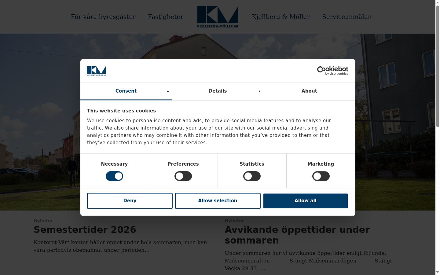 Skärmbild av samtyckesbannern som visades före någon interaktion