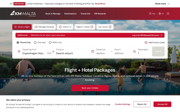 Екранна снимка на kmmaltairlines.com