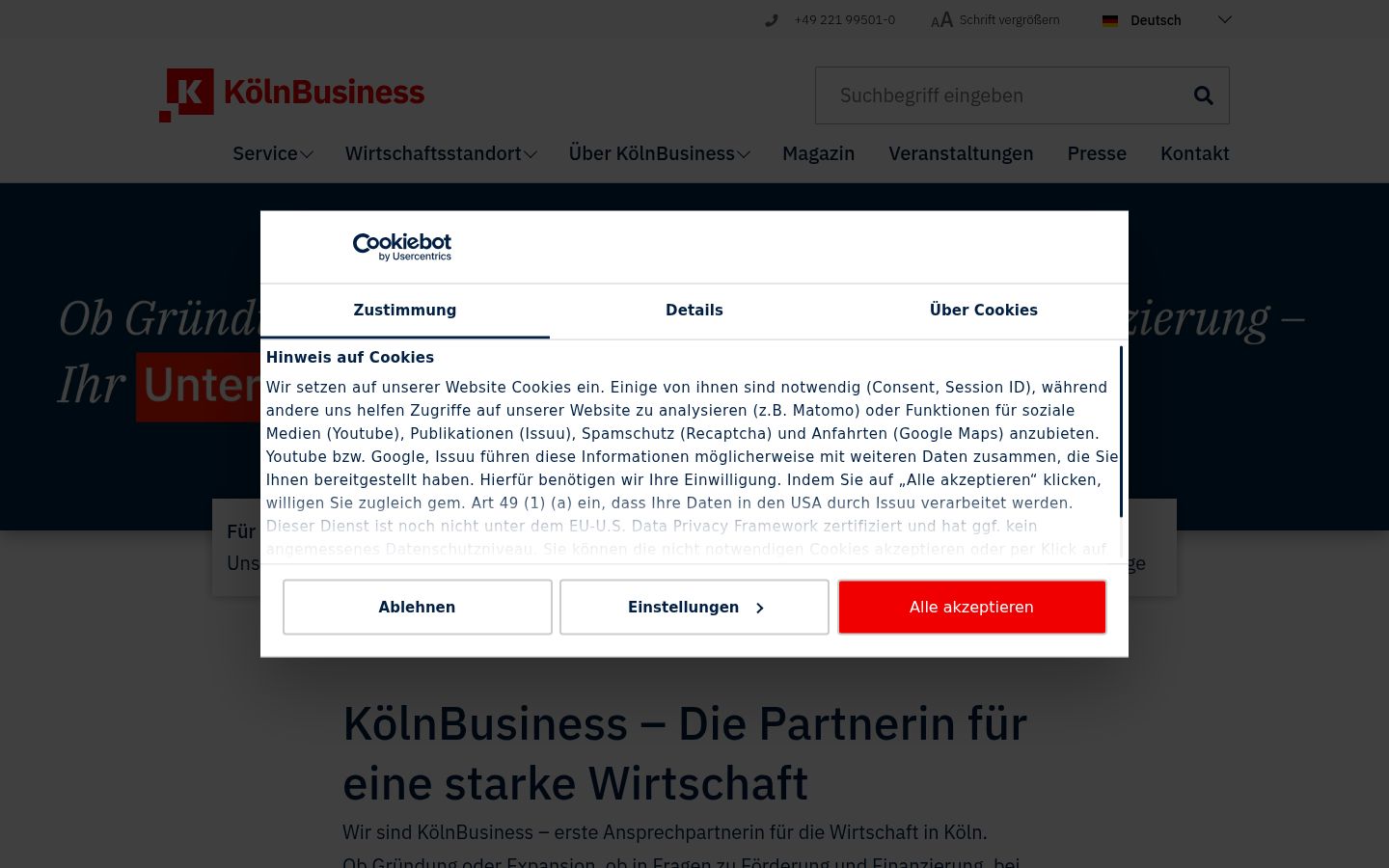 Screenshot des Einwilligungsbanners vor jeglicher Interaktion