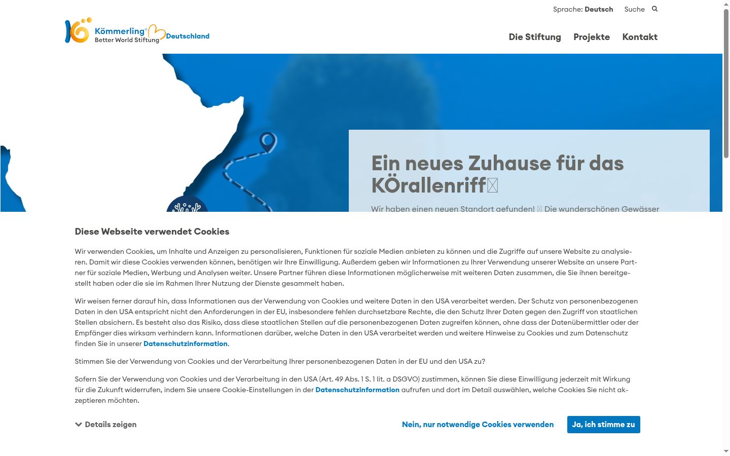 Captura de ecrã do banner de consentimento apresentado antes de qualquer interação
