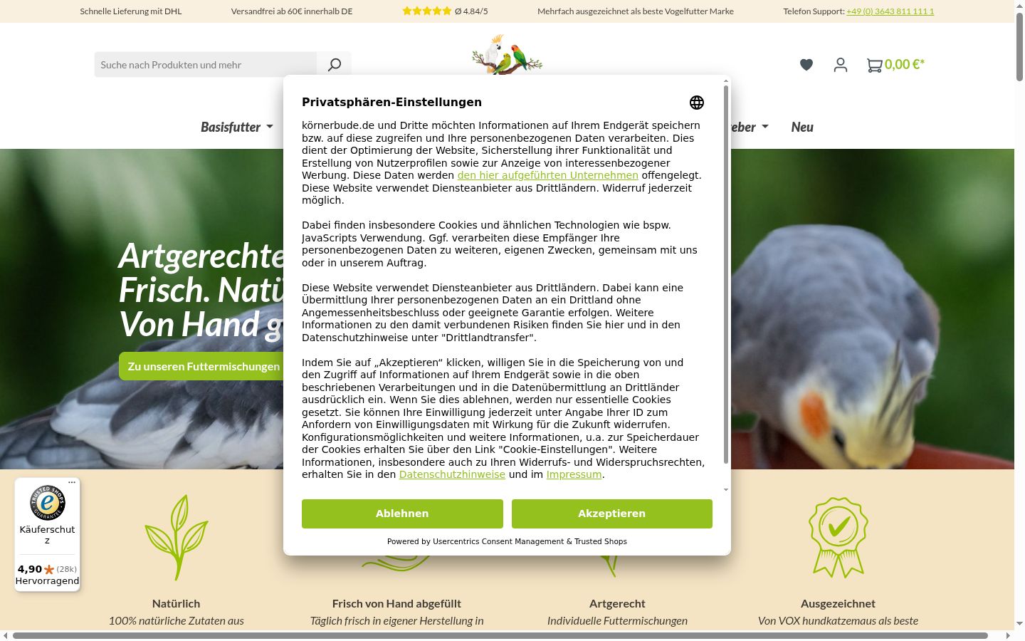 Ekrānuzņēmums ar piekrišanas baneri, kas tika rādīts pirms jebkādas mijiedarbības