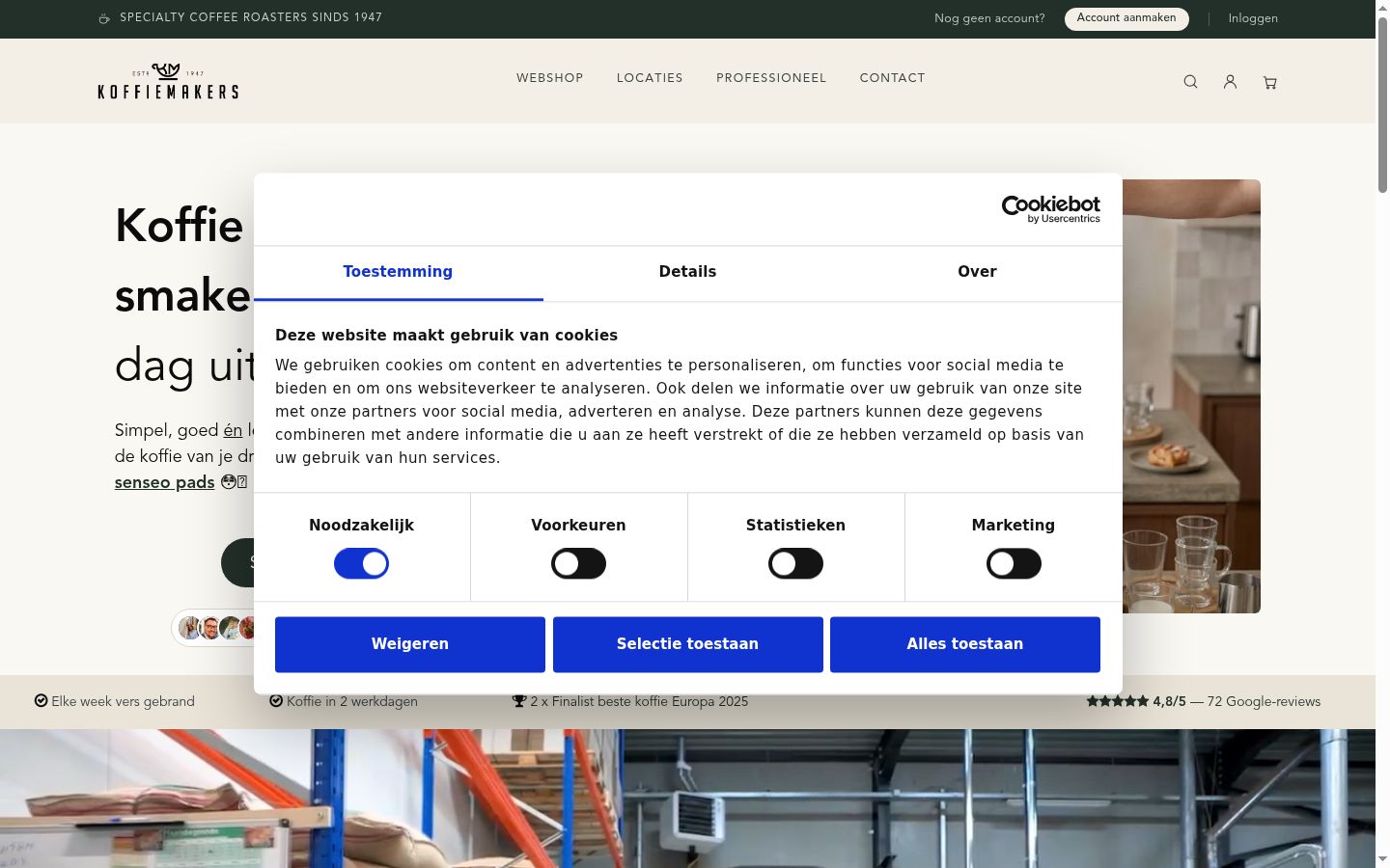 Screenshot des Einwilligungsbanners vor jeglicher Interaktion