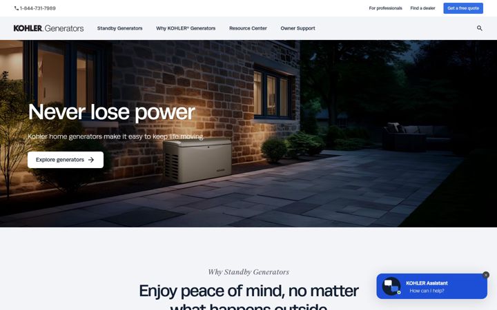 Screenshot of kohlerhomegenerators.com