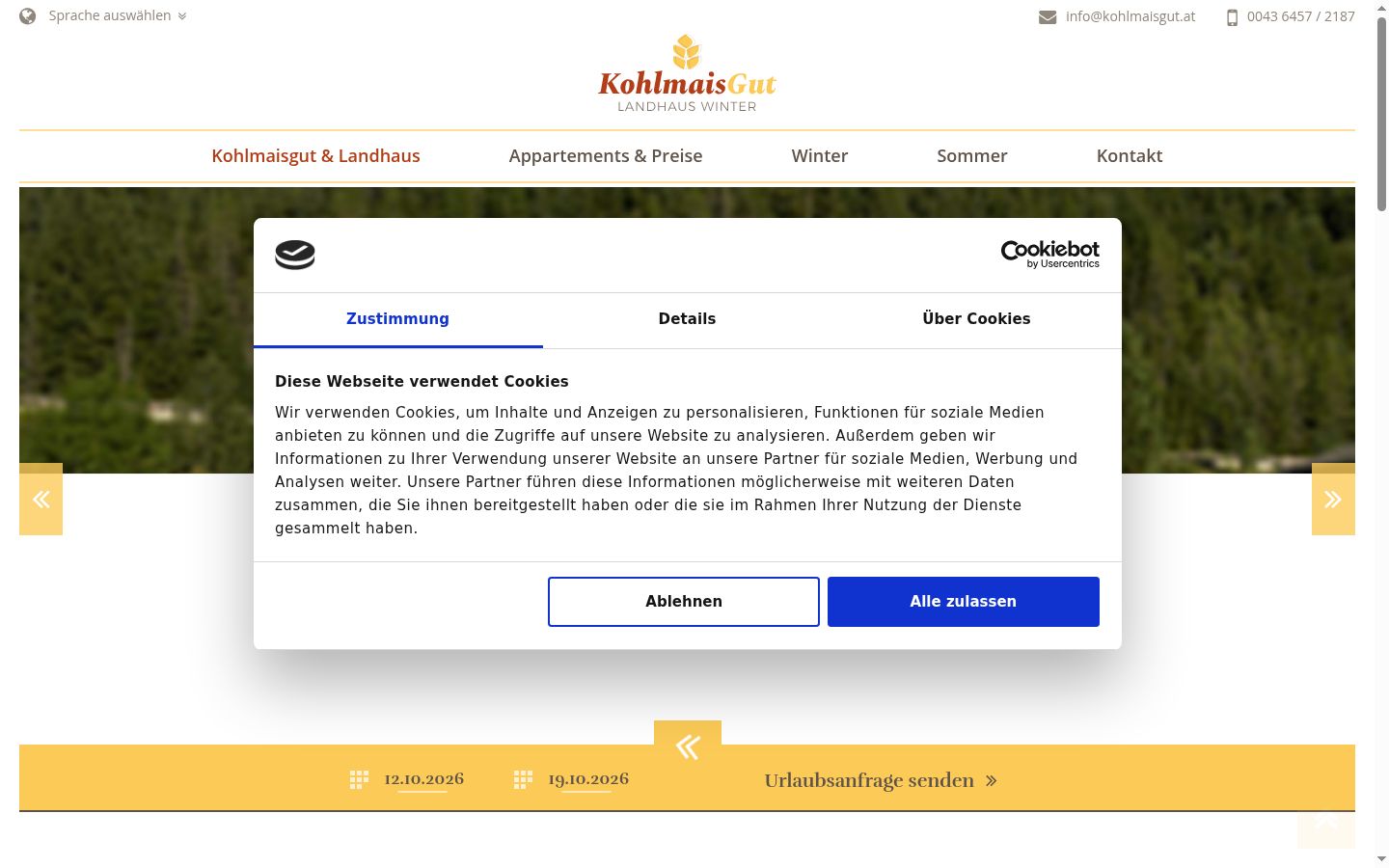 Screenshot des Einwilligungsbanners vor jeglicher Interaktion