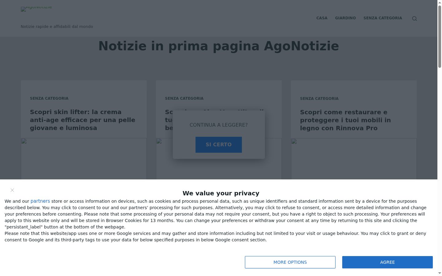 Screenshot del banner di consenso mostrato prima di qualsiasi interazione