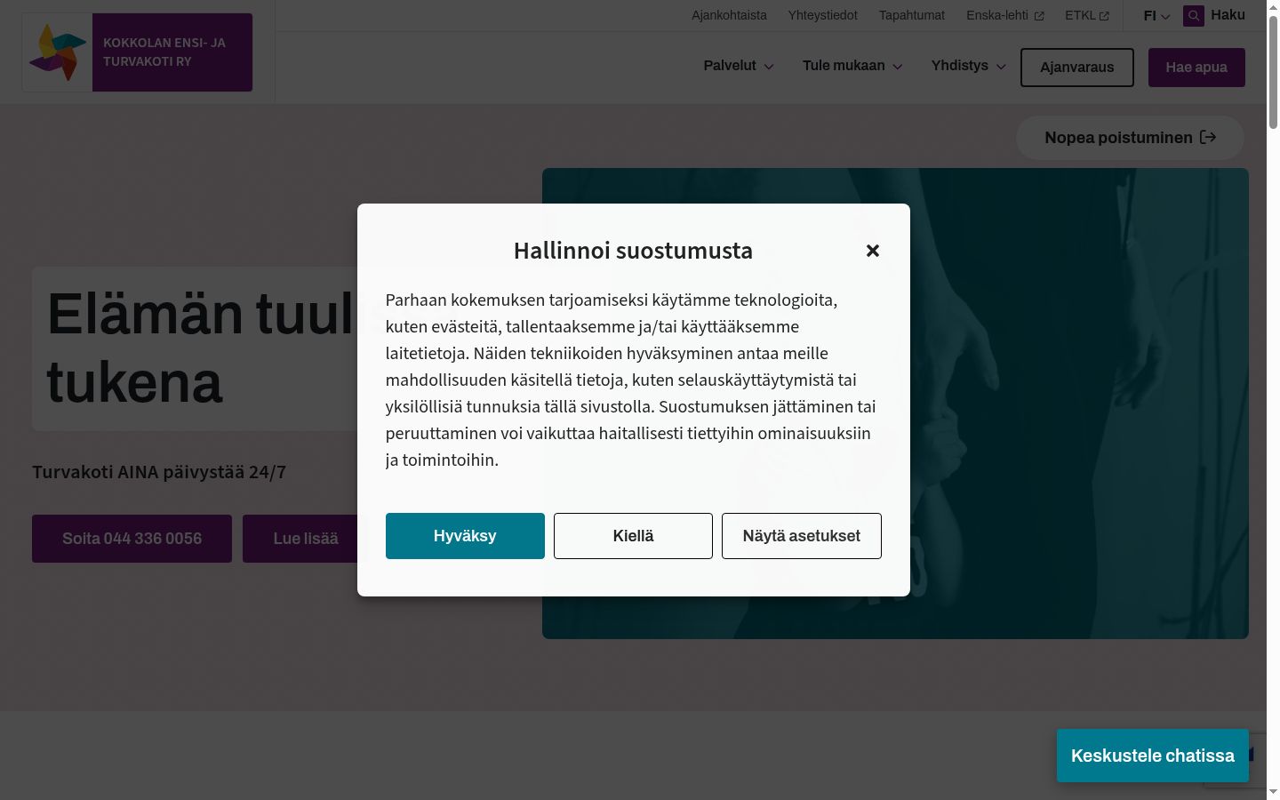 Kuvakaappaus suostumusbannerista, joka näytettiin ennen mitään vuorovaikutusta