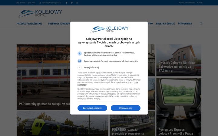 Snímek obrazovky kolejowyportal.pl