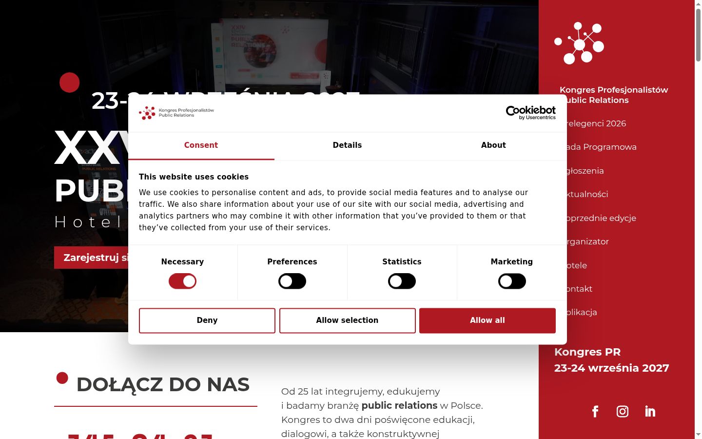 Screenshot del banner di consenso mostrato prima di qualsiasi interazione