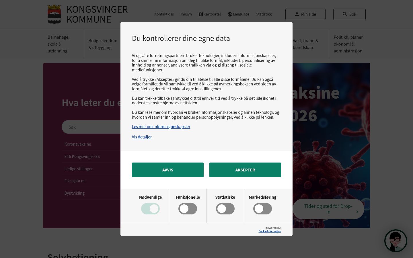 Skærmbillede af samtykkebanneret, som det blev vist før nogen interaktion