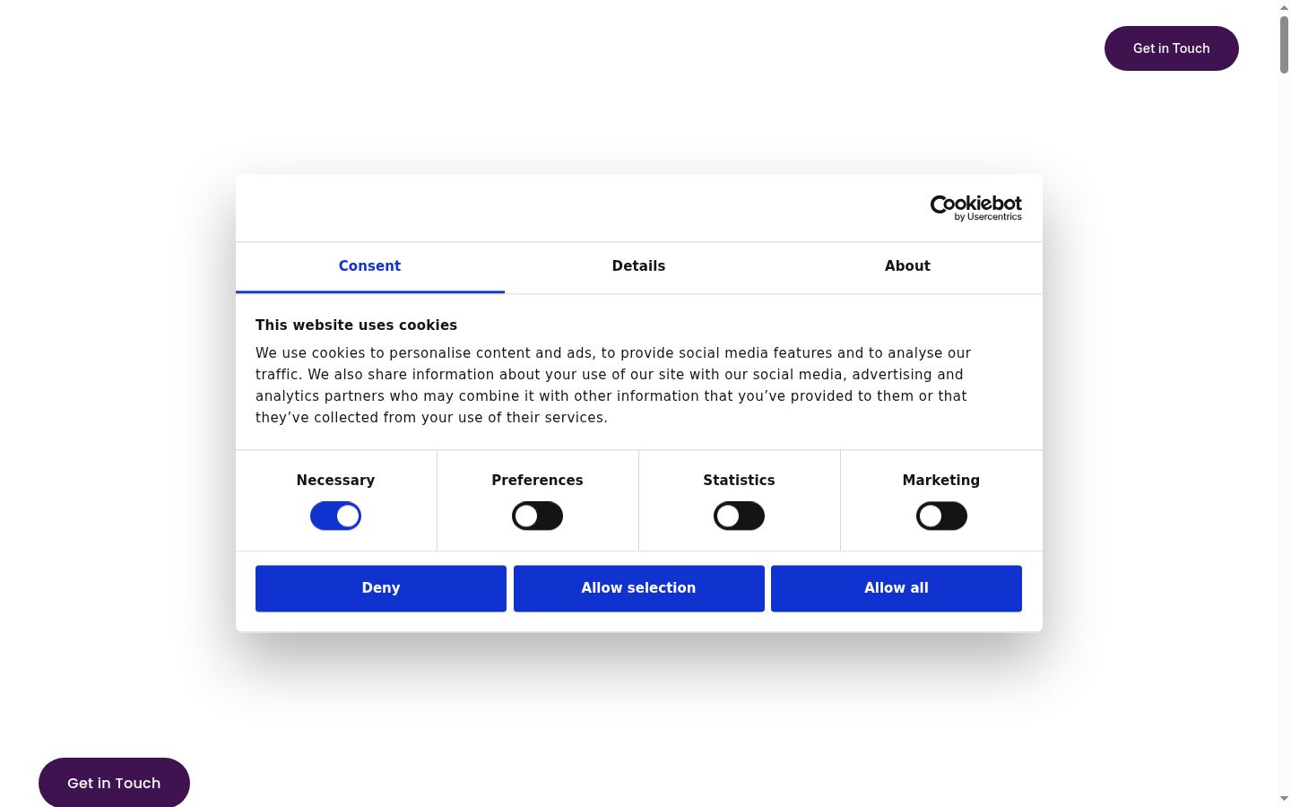 Screenshot del banner di consenso mostrato prima di qualsiasi interazione