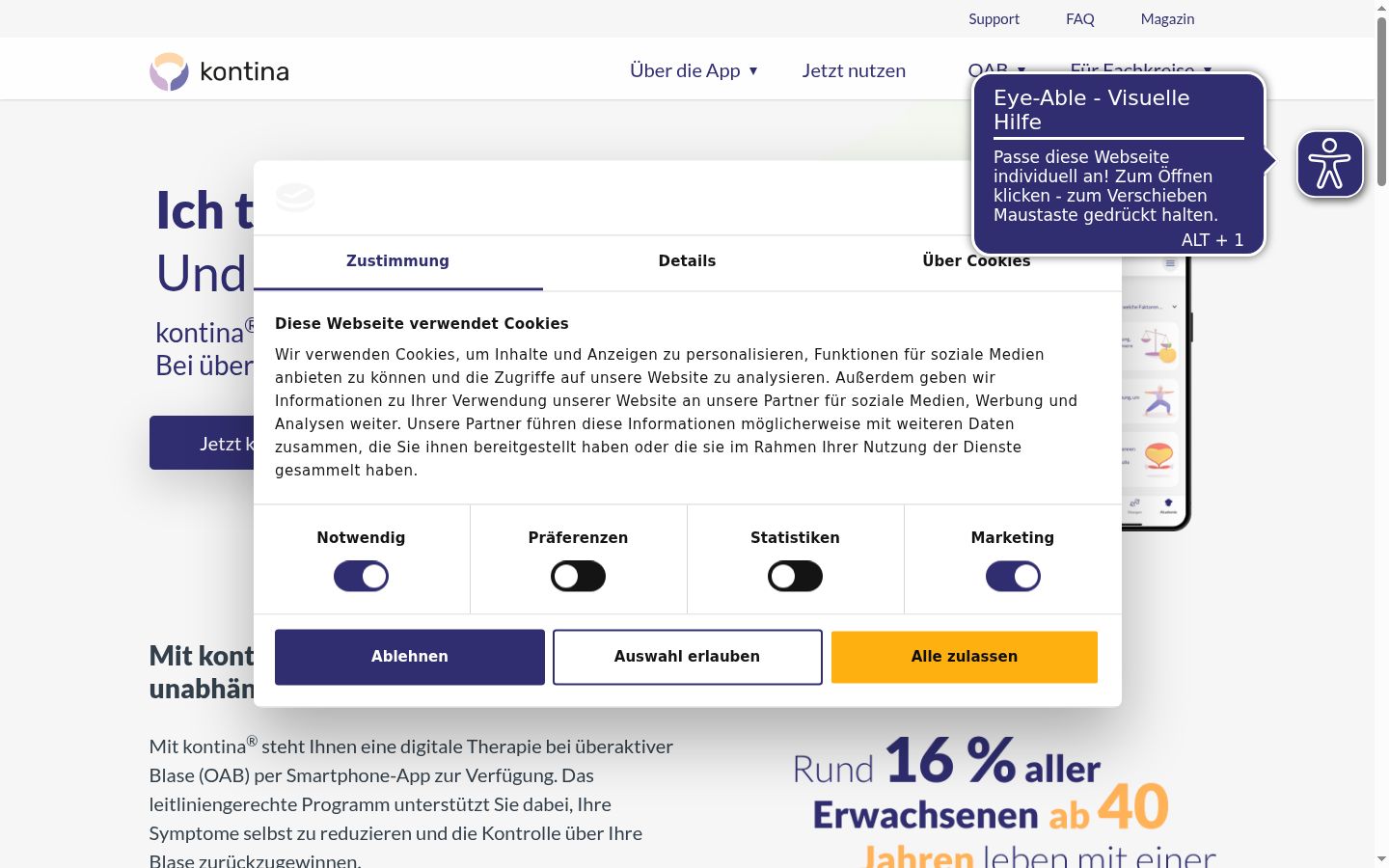 Screenshot des Einwilligungsbanners vor jeglicher Interaktion