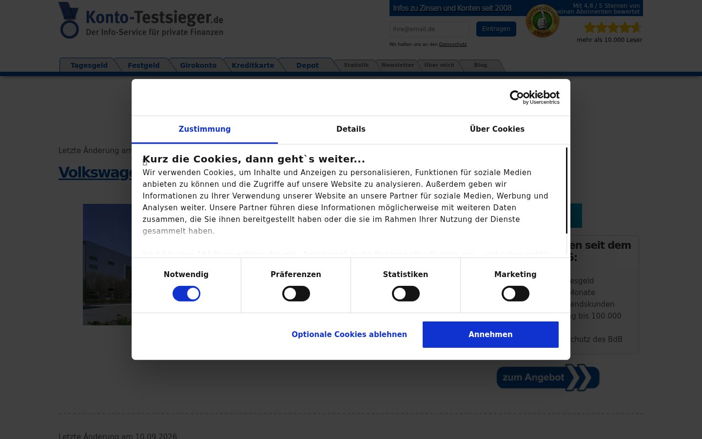 Screenshot des Einwilligungsbanners vor jeglicher Interaktion
