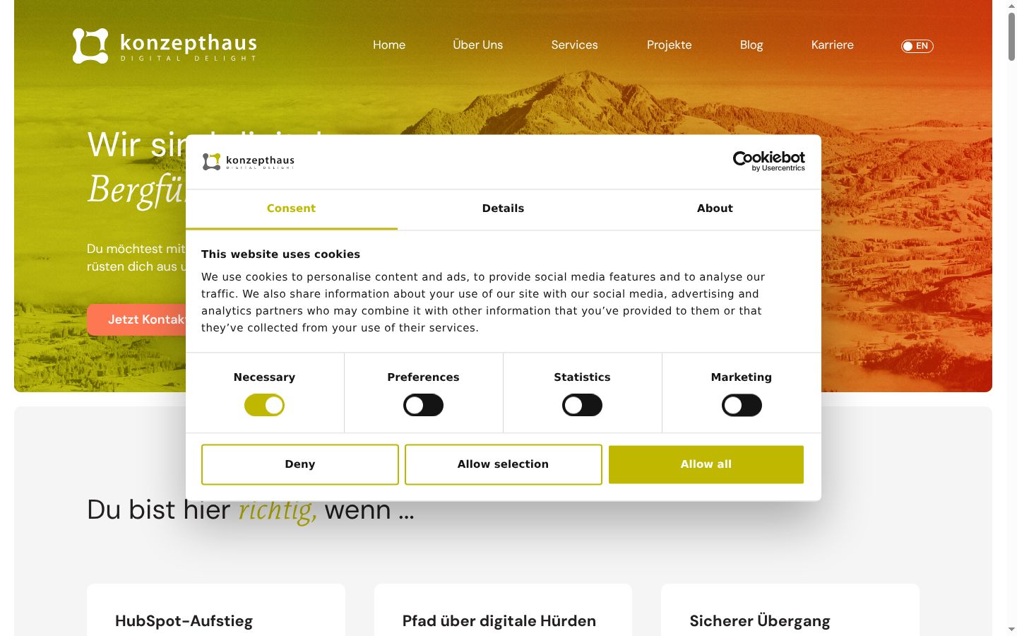 Screenshot des Einwilligungsbanners vor jeglicher Interaktion