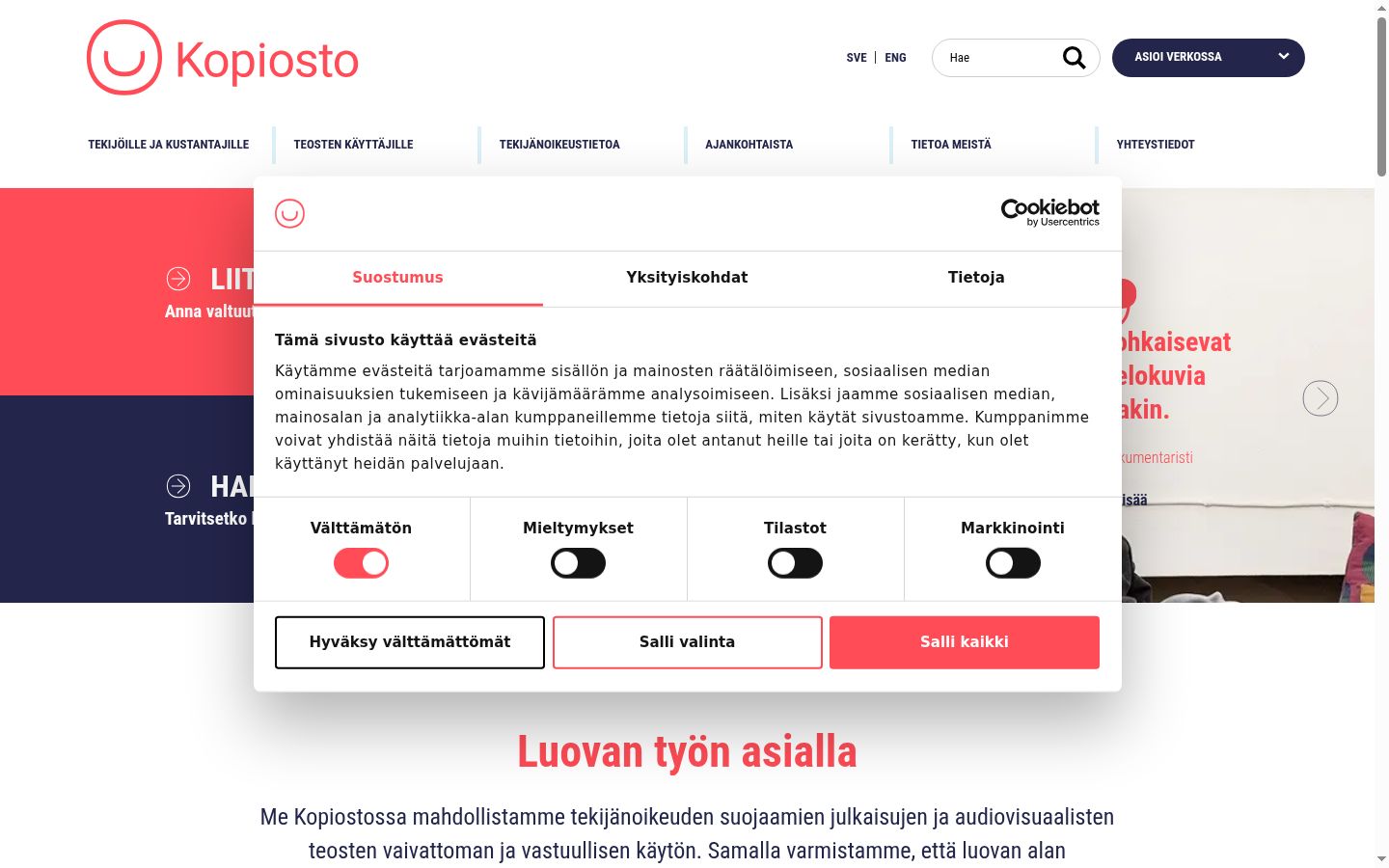 Sutikimo reklamjuostės, rodytos prieš bet kokią sąveiką, ekrano kopija