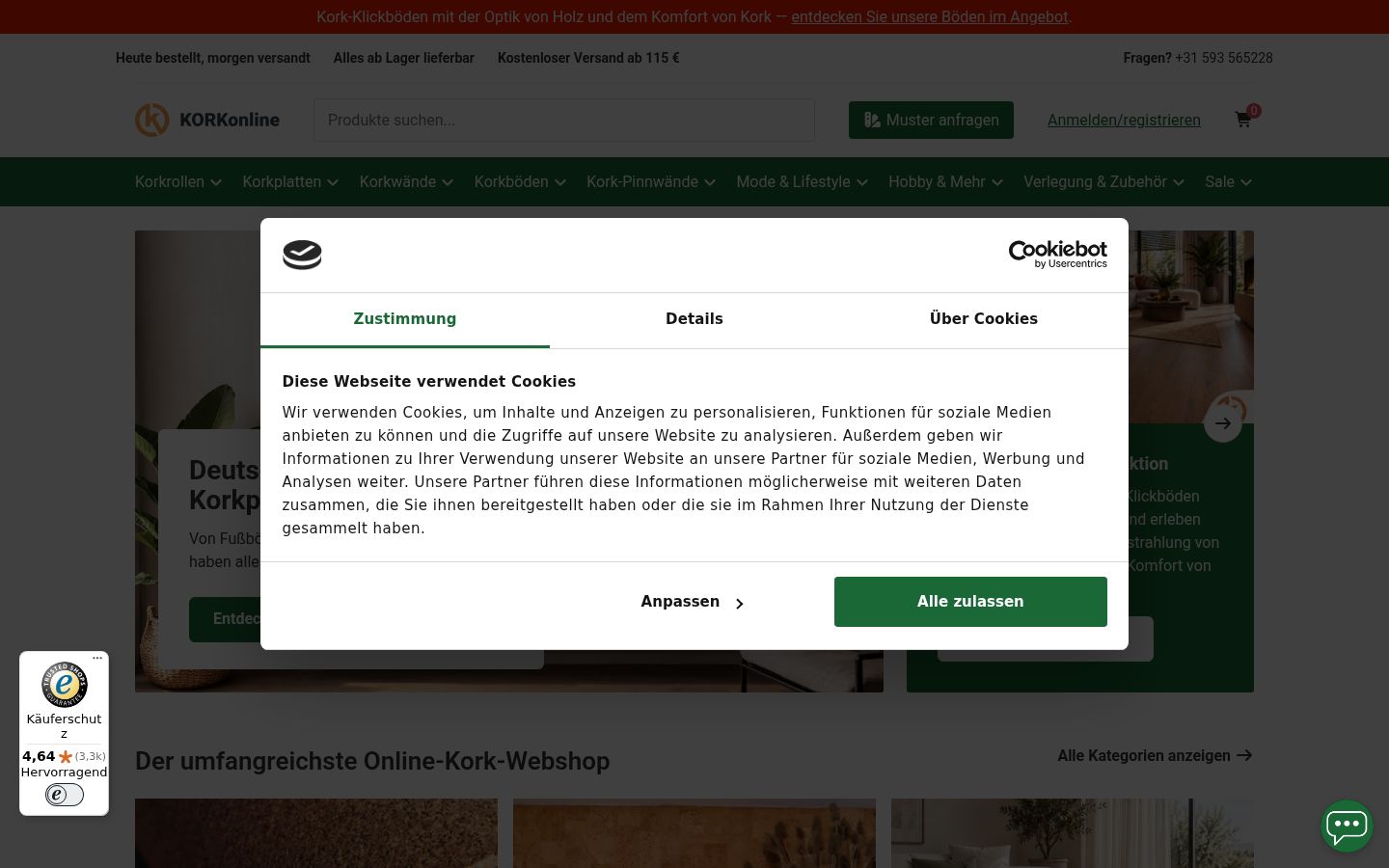 Screenshot des Einwilligungsbanners vor jeglicher Interaktion