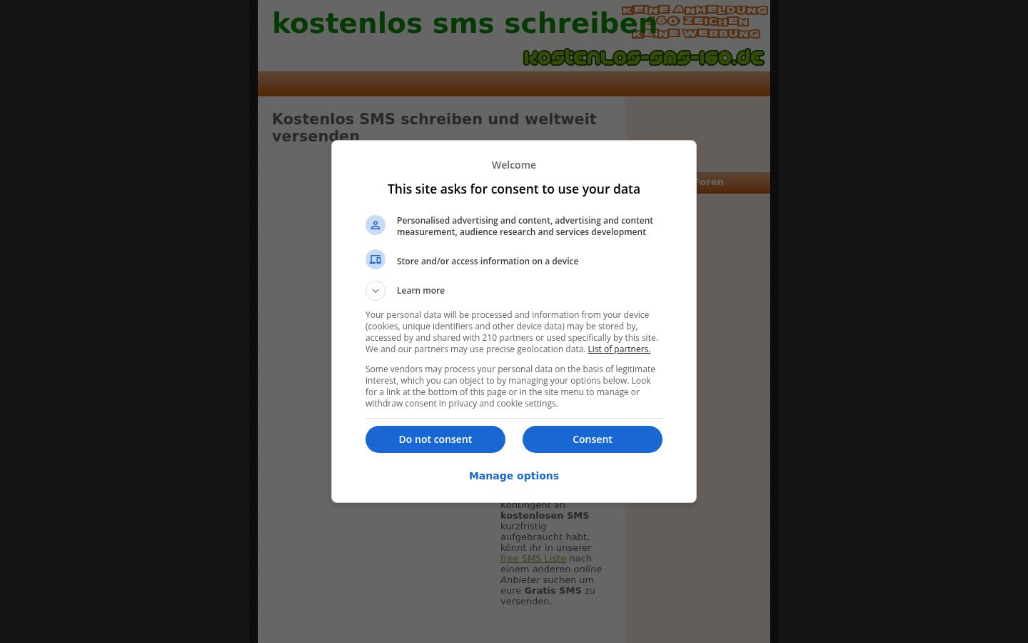Posnetek zaslona pasice za privolitev, prikazane pred kakršno koli interakcijo