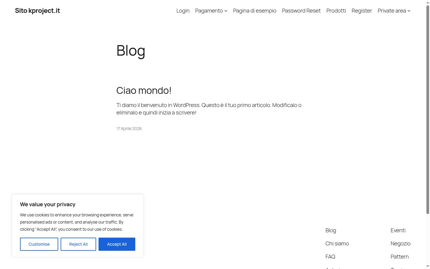 Screenshot del banner di consenso mostrato prima di qualsiasi interazione