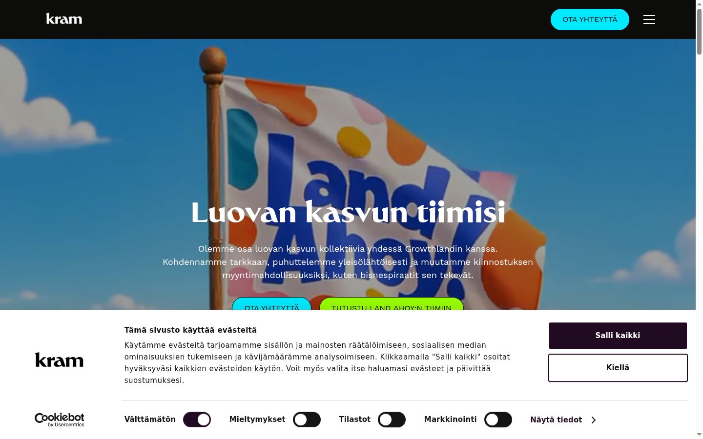 Kuvakaappaus suostumusbannerista, joka näytettiin ennen mitään vuorovaikutusta