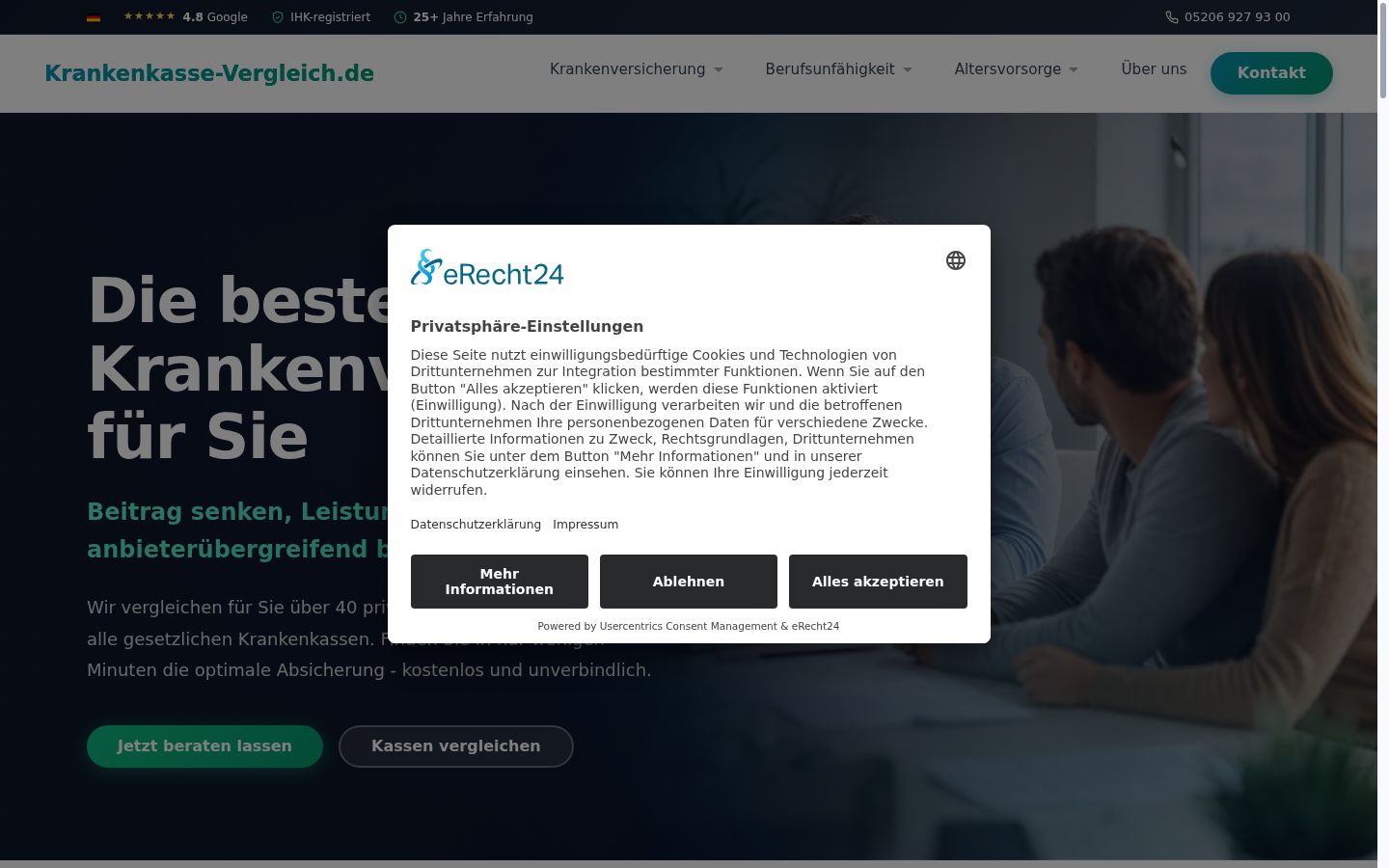 Screenshot des Einwilligungsbanners vor jeglicher Interaktion
