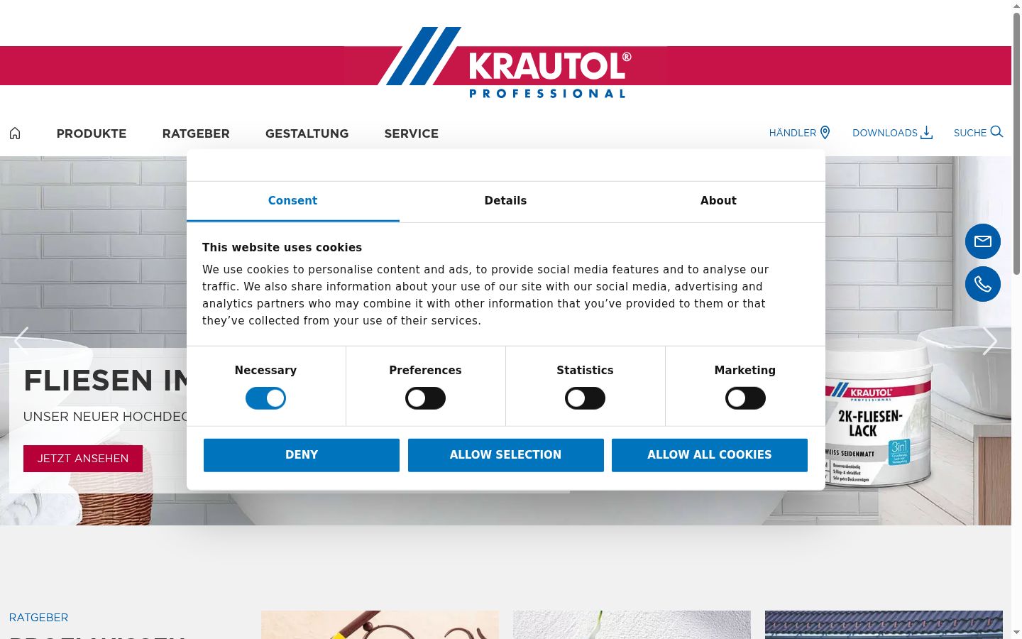 Screenshot des Einwilligungsbanners vor jeglicher Interaktion