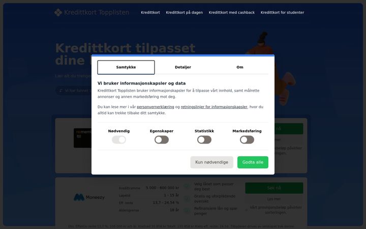 Screenshot of kredittkorttopplisten.no