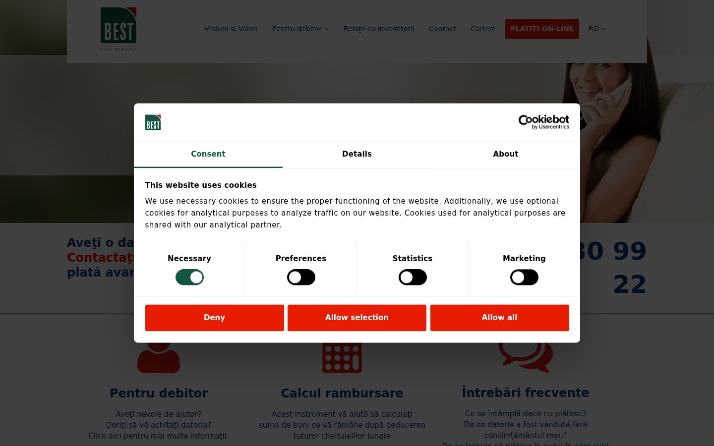 Captură de ecran a bannerului de consimțământ afișat înainte de orice interacțiune