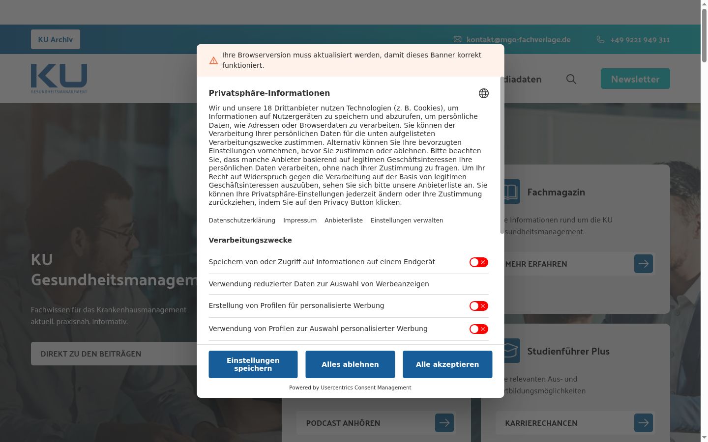 Screenshot des Einwilligungsbanners vor jeglicher Interaktion