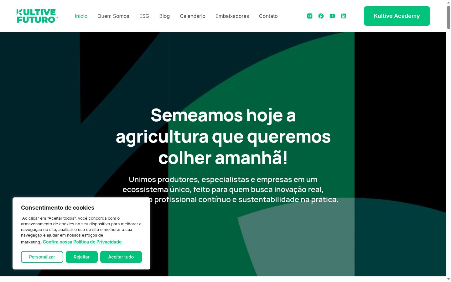 Captura de ecrã do banner de consentimento apresentado antes de qualquer interação