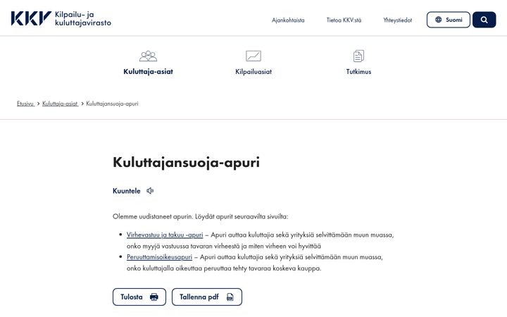 Screenshot of kuluttajansuoja-apuri.fi