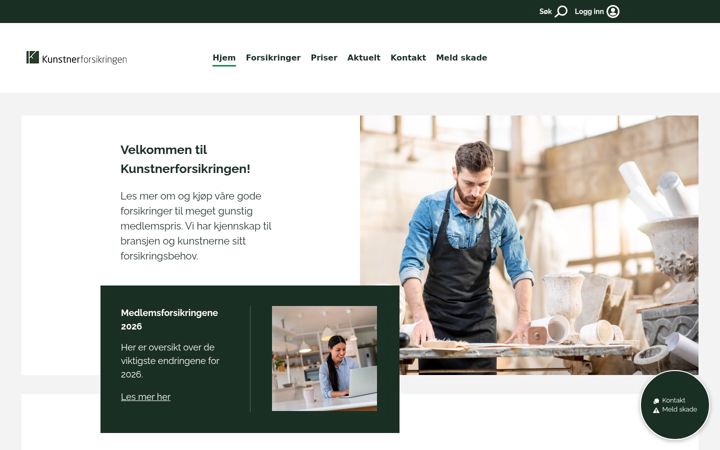Screenshot of kunstnerforsikringen.no