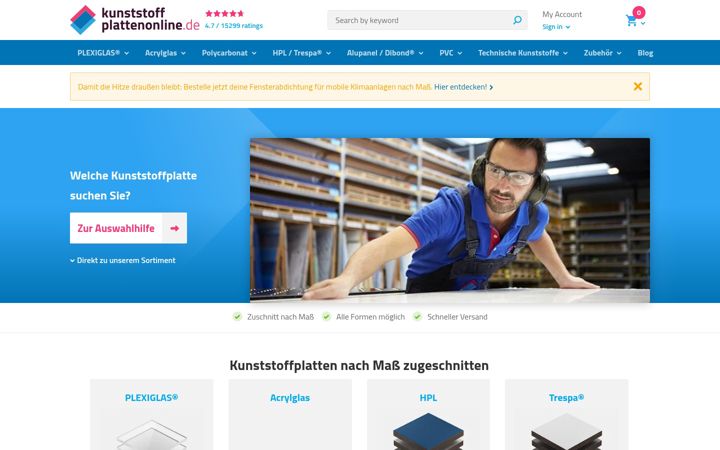 Captură de ecran a kunststoffplattenonline.de