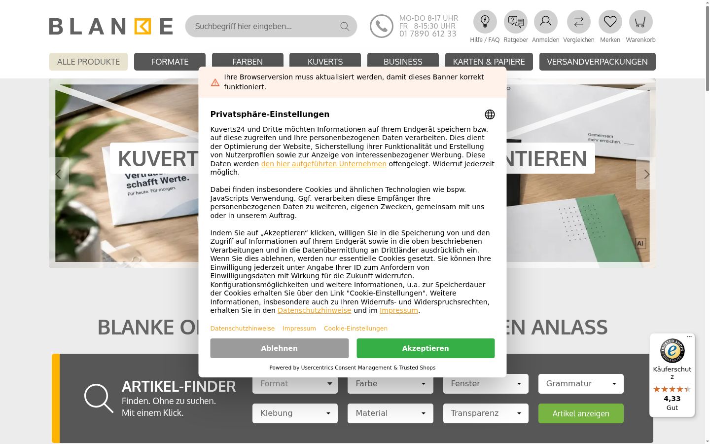 Screenshot des Einwilligungsbanners vor jeglicher Interaktion