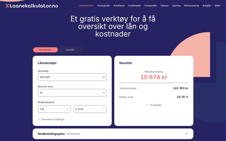 Screenshot of laanekalkulator.no