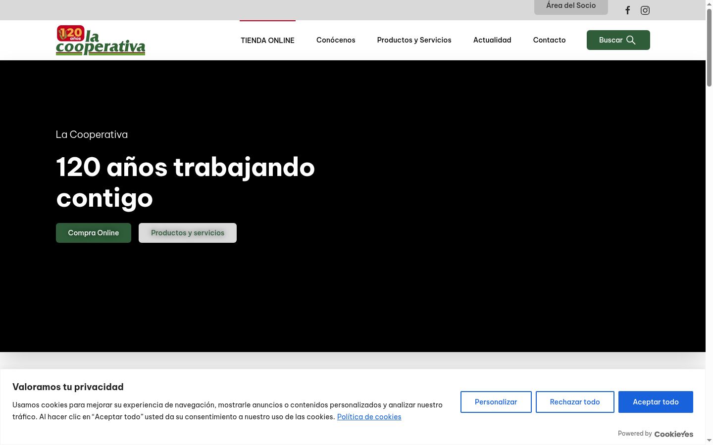 Captura de pantalla del banner de consentimiento mostrado antes de cualquier interacción