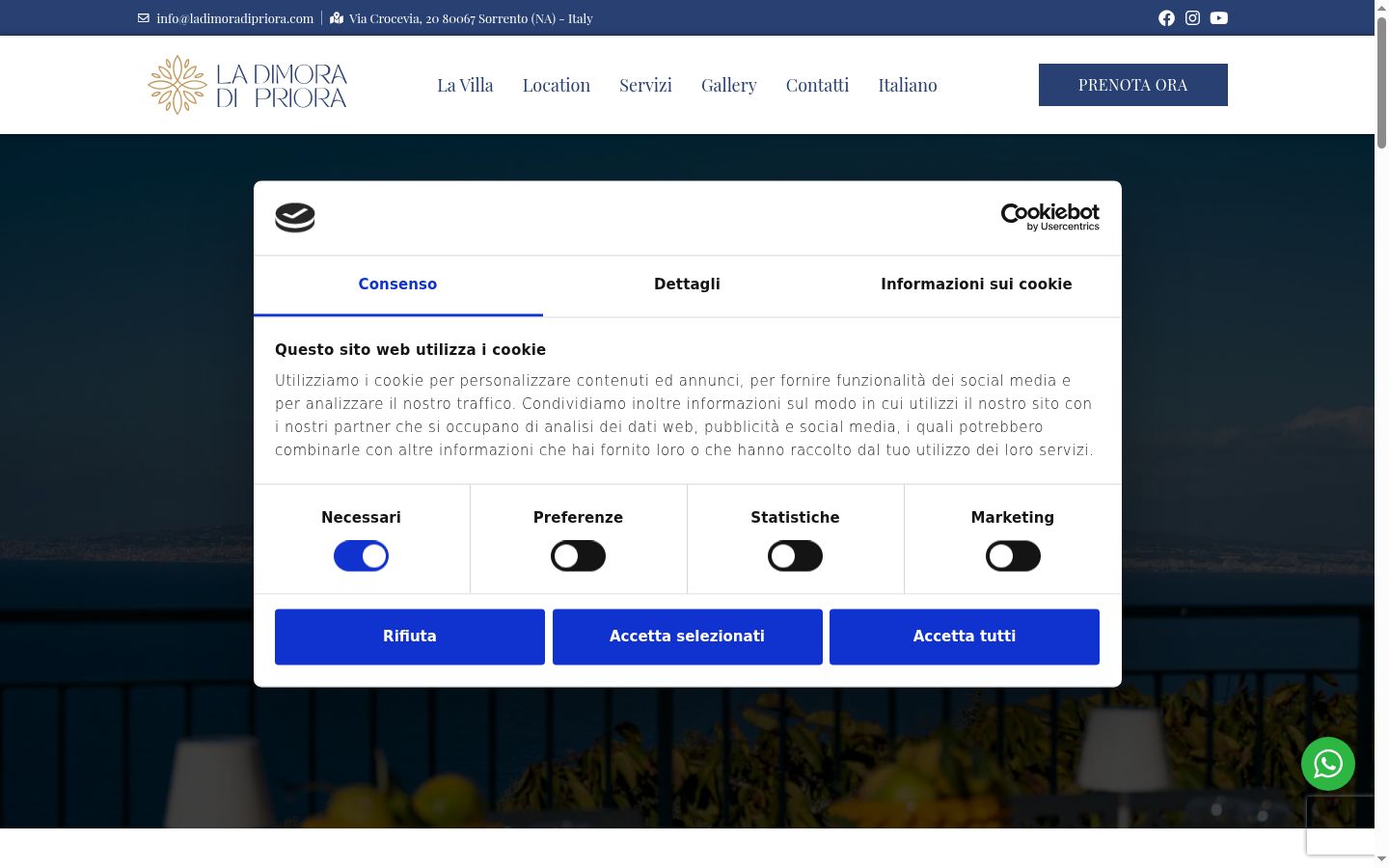 Screenshot del banner di consenso mostrato prima di qualsiasi interazione