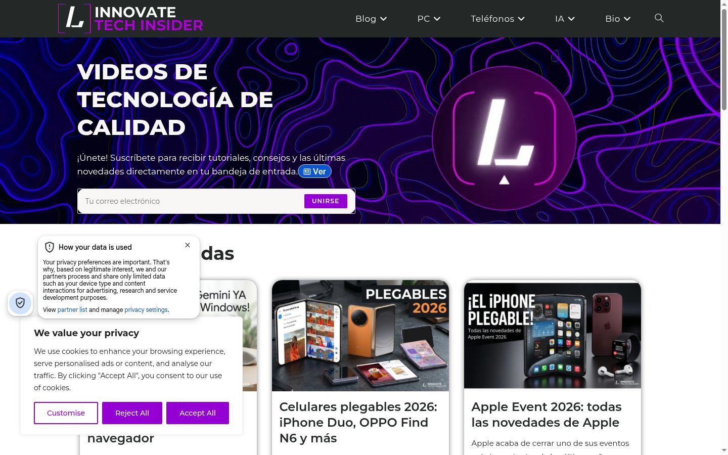 Captura de pantalla del banner de consentimiento mostrado antes de cualquier interacción