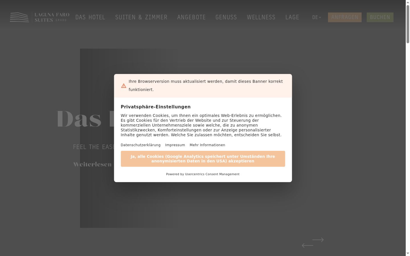 Screenshot del banner di consenso mostrato prima di qualsiasi interazione