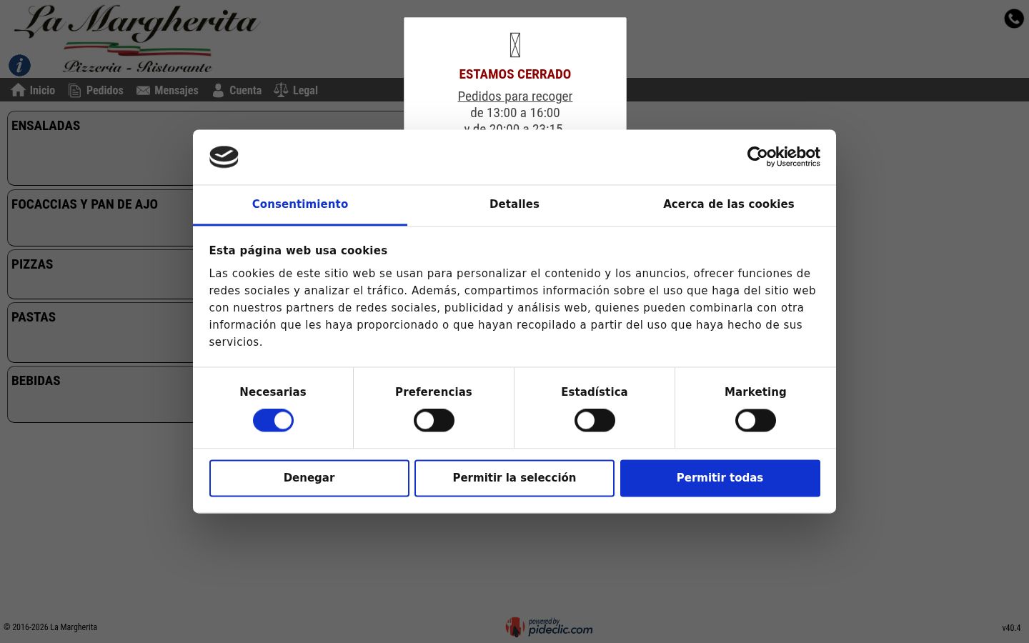 Captura de pantalla del banner de consentimiento mostrado antes de cualquier interacción
