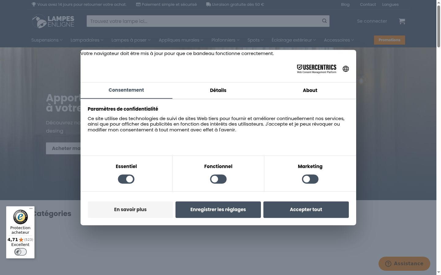 Screenshot del banner di consenso mostrato prima di qualsiasi interazione