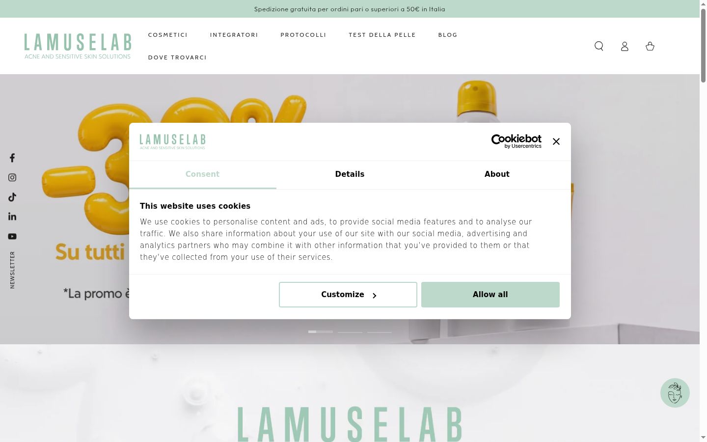 Screenshot del banner di consenso mostrato prima di qualsiasi interazione
