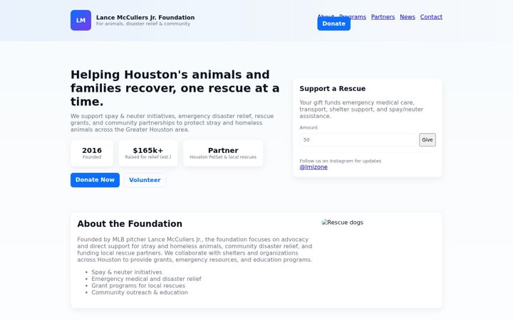 Screenshot of lancemccullersfoundation.org