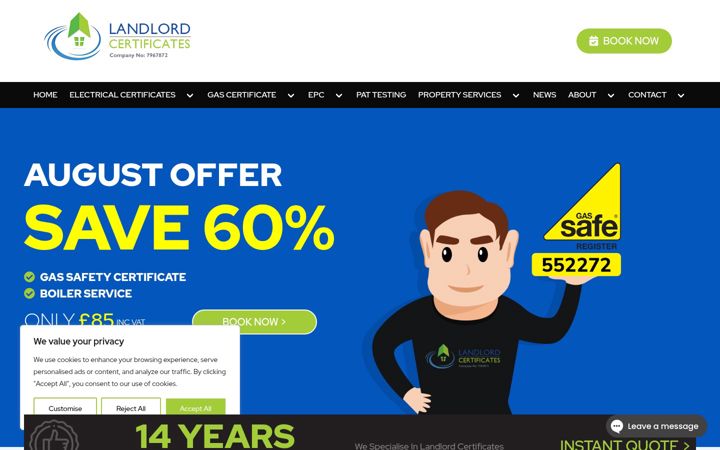 Screenshot of landlord-certificates.co.uk