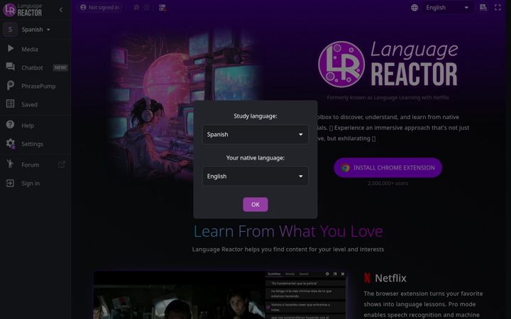 Screenshot of languagereactor.com
